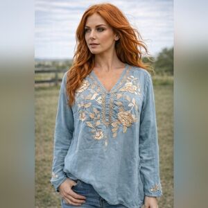 Johnny Was Dusty Blue Tunic with Cream Tan Floral Embroidery